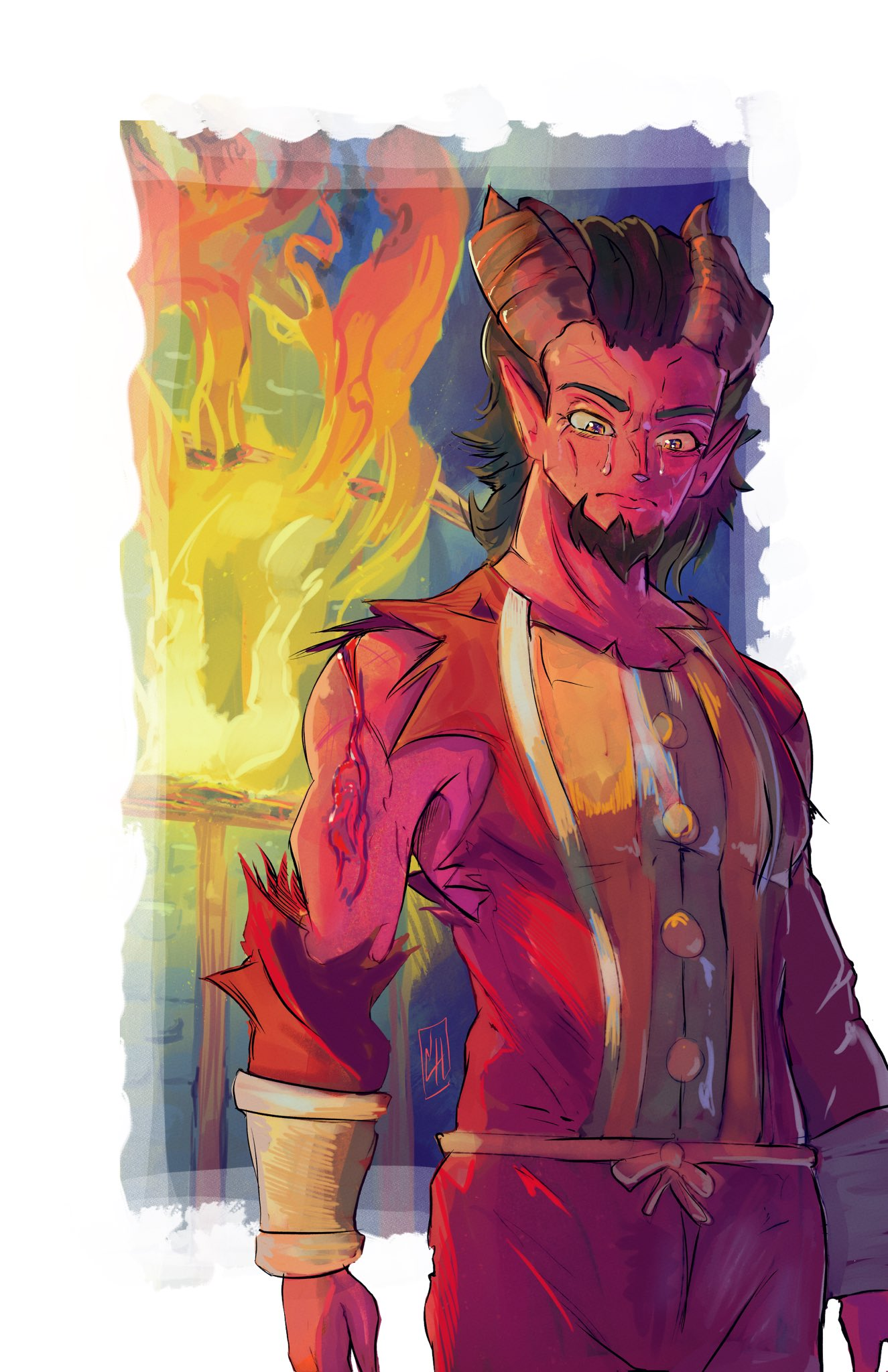 a red skinned humanoid walking away from a fire
