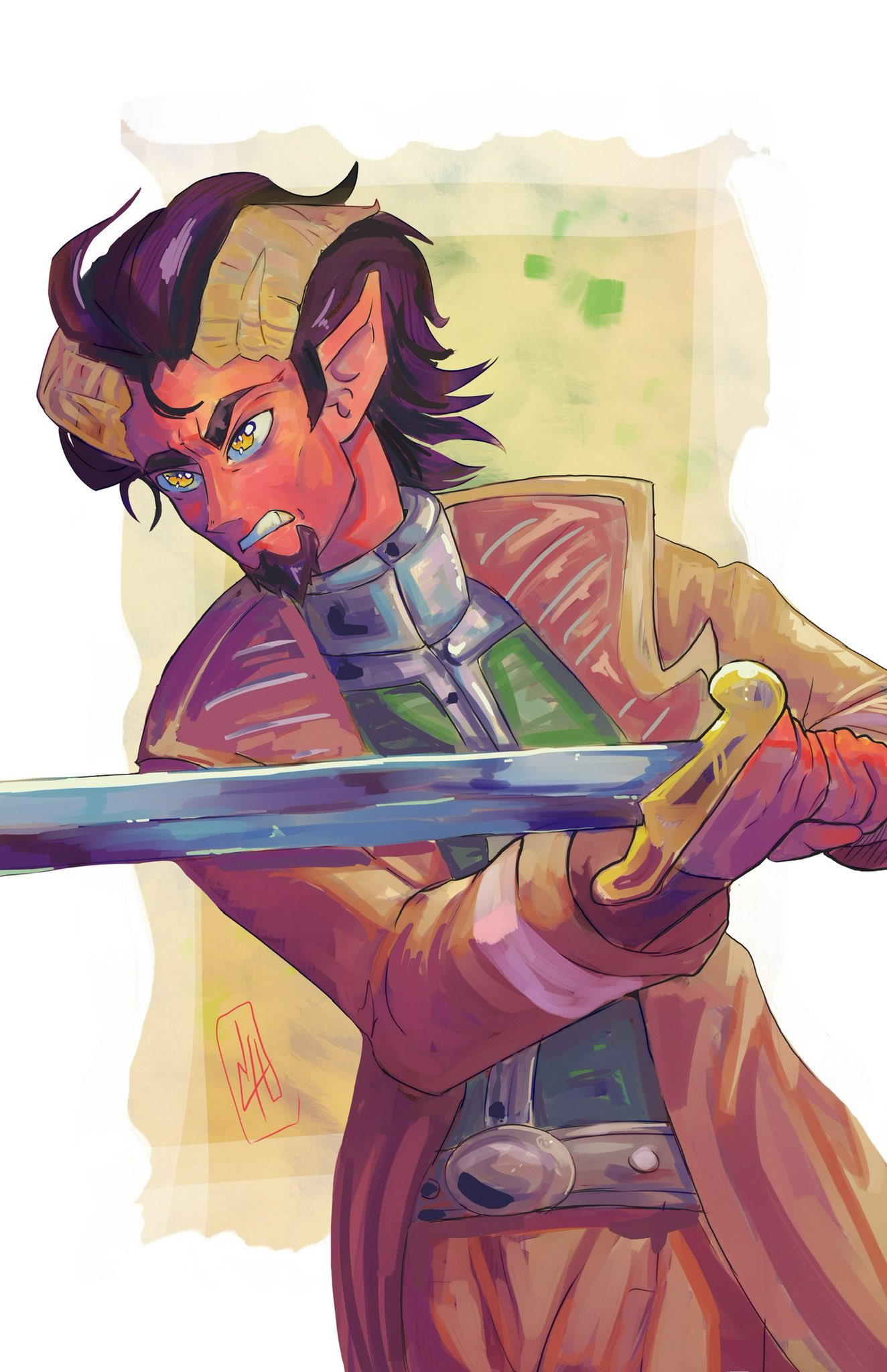 a red skinned humanoid wielding a sword in combat